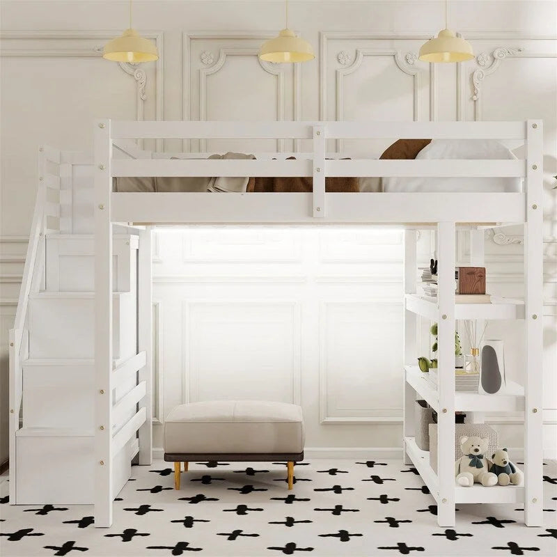 Hochbett für Einzel-/Doppelmatratze mit kleinem Kleiderschrank, LED-Beleuchtung und Stauraumtreppe, Hochbettgestell aus Holz mit Stauraumregalen für Kinder