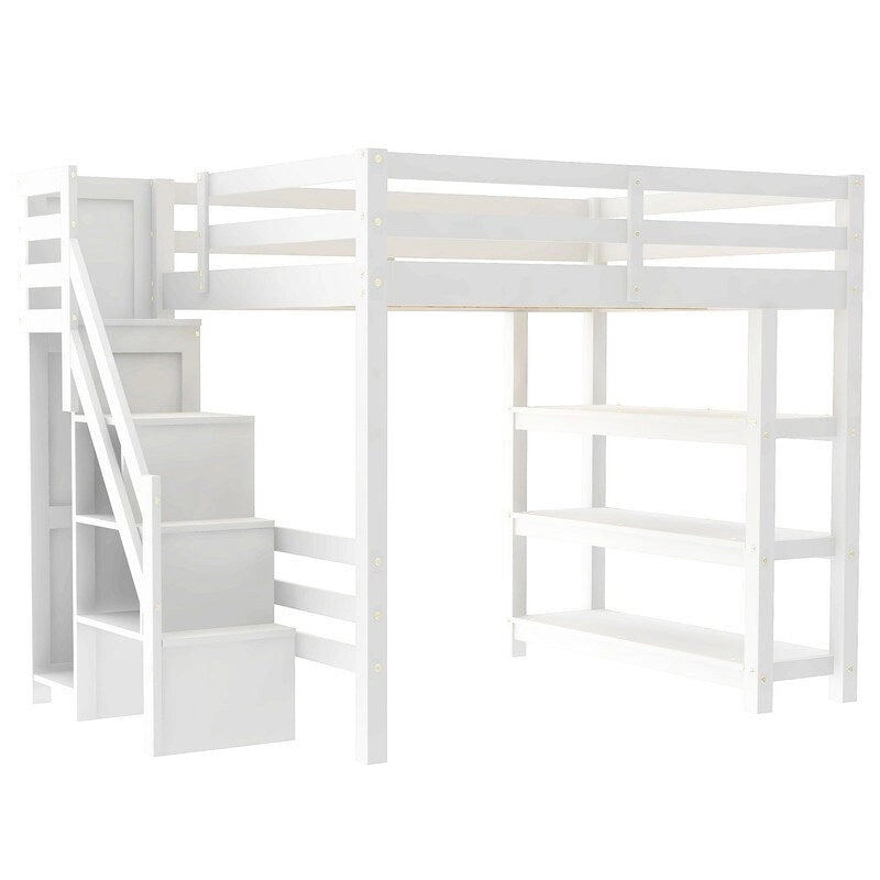 Hochbett für Einzel-/Doppelmatratze mit kleinem Kleiderschrank, LED-Beleuchtung und Stauraumtreppe, Hochbettgestell aus Holz mit Stauraumregalen für Kinder
