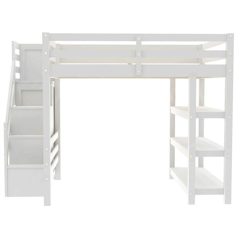 Hochbett für Einzel-/Doppelmatratze mit kleinem Kleiderschrank, LED-Beleuchtung und Stauraumtreppe, Hochbettgestell aus Holz mit Stauraumregalen für Kinder