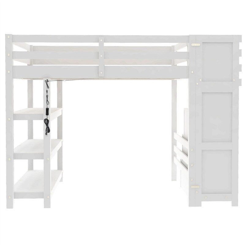Hochbett für Einzel-/Doppelmatratze mit kleinem Kleiderschrank, LED-Beleuchtung und Stauraumtreppe, Hochbettgestell aus Holz mit Stauraumregalen für Kinder