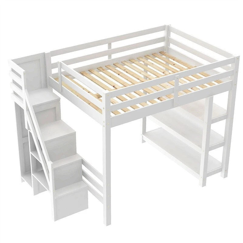 Hochbett für Einzel-/Doppelmatratze mit kleinem Kleiderschrank, LED-Beleuchtung und Stauraumtreppe, Hochbettgestell aus Holz mit Stauraumregalen für Kinder