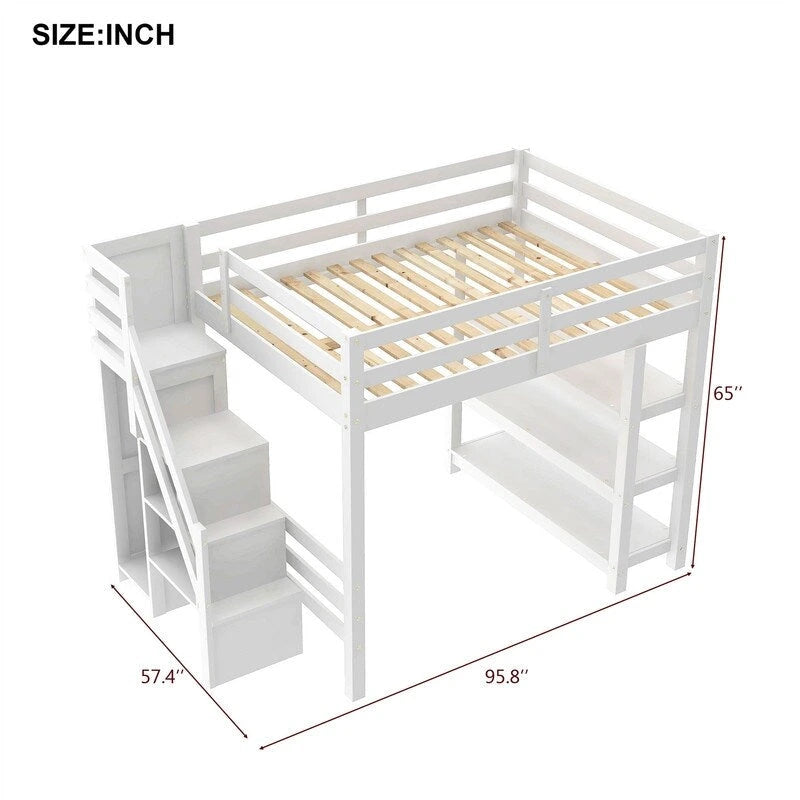 Hochbett für Einzel-/Doppelmatratze mit kleinem Kleiderschrank, LED-Beleuchtung und Stauraumtreppe, Hochbettgestell aus Holz mit Stauraumregalen für Kinder