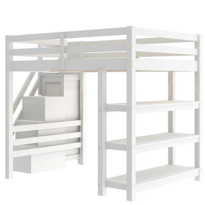 Hochbett für Einzel-/Doppelmatratze mit kleinem Kleiderschrank, LED-Beleuchtung und Stauraumtreppe, Hochbettgestell aus Holz mit Stauraumregalen für Kinder