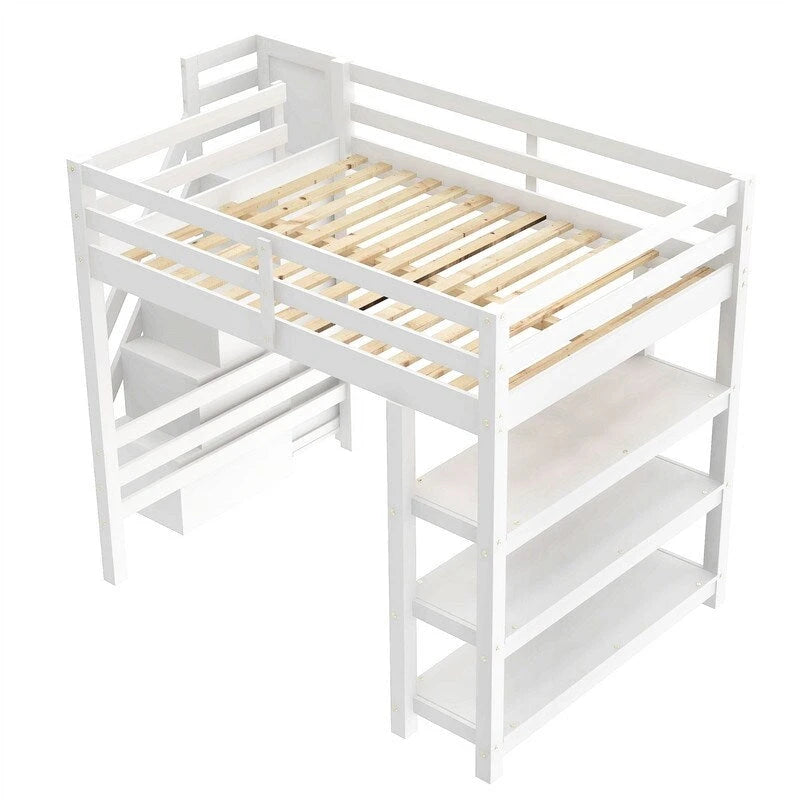 Hochbett für Einzel-/Doppelmatratze mit kleinem Kleiderschrank, LED-Beleuchtung und Stauraumtreppe, Hochbettgestell aus Holz mit Stauraumregalen für Kinder