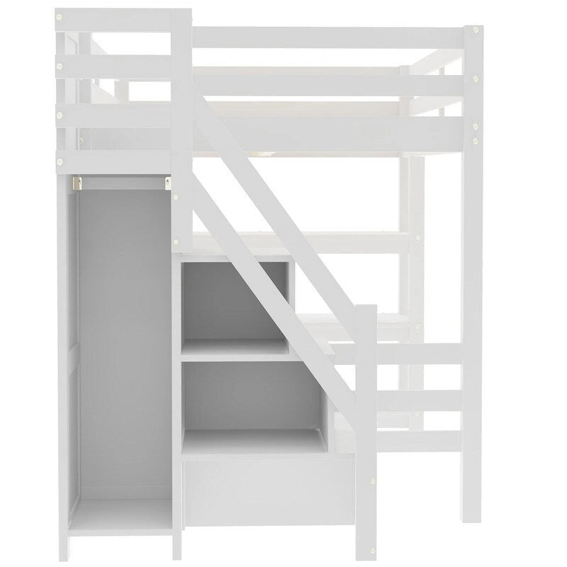 Hochbett für Einzel-/Doppelmatratze mit kleinem Kleiderschrank, LED-Beleuchtung und Stauraumtreppe, Hochbettgestell aus Holz mit Stauraumregalen für Kinder