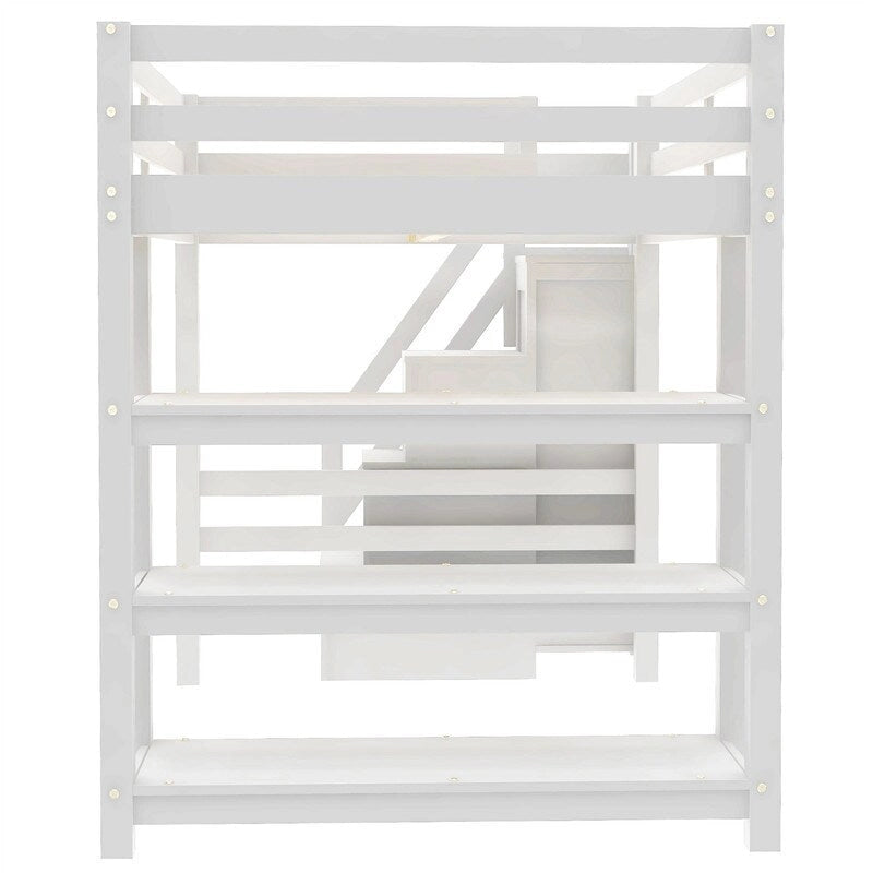 Hochbett für Einzel-/Doppelmatratze mit kleinem Kleiderschrank, LED-Beleuchtung und Stauraumtreppe, Hochbettgestell aus Holz mit Stauraumregalen für Kinder