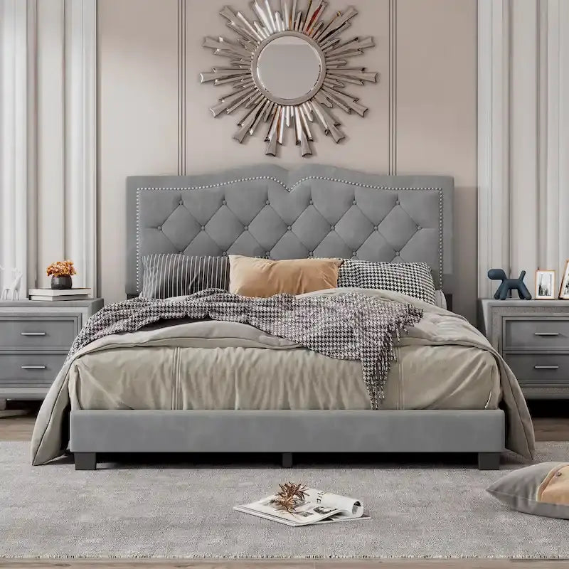 Struttura letto imbottita queen-size con dettagli a rivetto – Camera da letto moderna