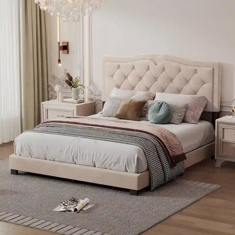 Struttura letto imbottita queen-size con dettagli a rivetto – Camera da letto moderna