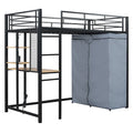 Twin Size Loft Metal Bed with Desk, Shelves, Power Outlet, LED Light and Wardrobe, White