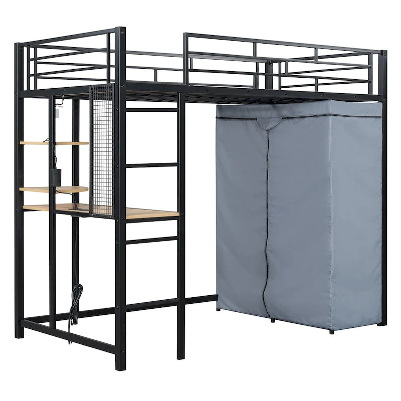 Twin Size Loft Metal Bed with Desk, Shelves, Power Outlet, LED Light and Wardrobe, White