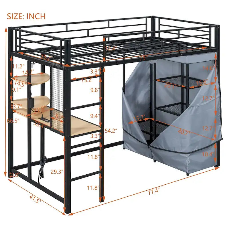 Metall-Hochbett in Einzelgröße mit Schreibtisch, Regalen, Steckdose, LED-Beleuchtung und Kleiderschrank, Weiß