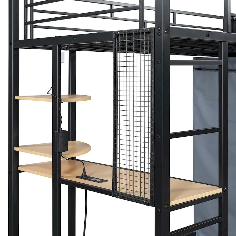 Metall-Hochbett in Einzelgröße mit Schreibtisch, Regalen, Steckdose, LED-Beleuchtung und Kleiderschrank, Weiß