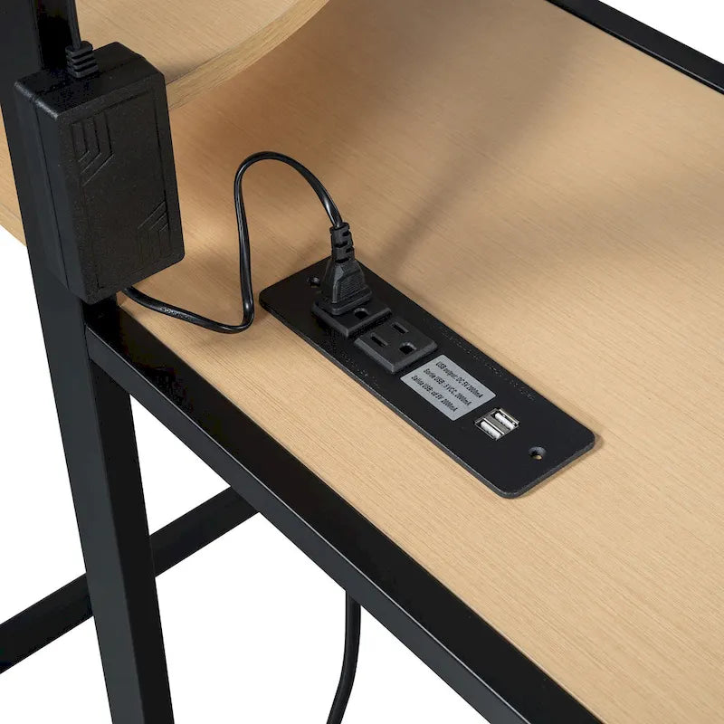Letto a soppalco in metallo a una piazza con scrivania, mensole, presa di corrente, luce LED e armadio, bianco