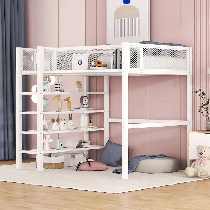 Letto a soppalco in metallo singolo con scaffali a 4 ripiani e spazio di archiviazione, bianco
