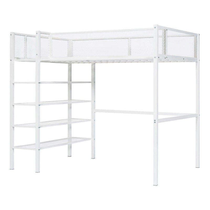 Letto a soppalco in metallo singolo con scaffali a 4 ripiani e spazio di archiviazione, bianco