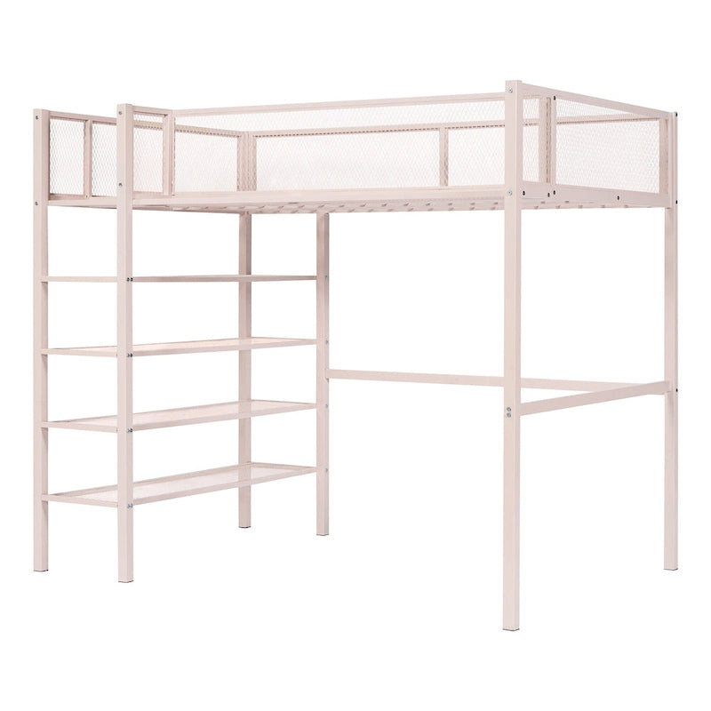 Letto a soppalco in metallo singolo con scaffali a 4 ripiani e spazio di archiviazione, bianco