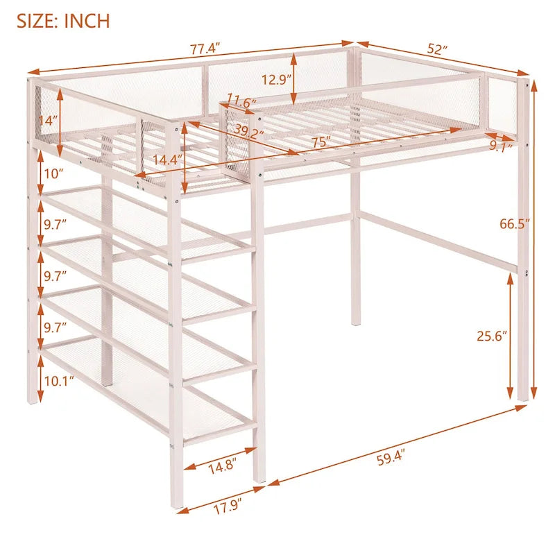 Letto a soppalco in metallo singolo con scaffali a 4 ripiani e spazio di archiviazione, bianco