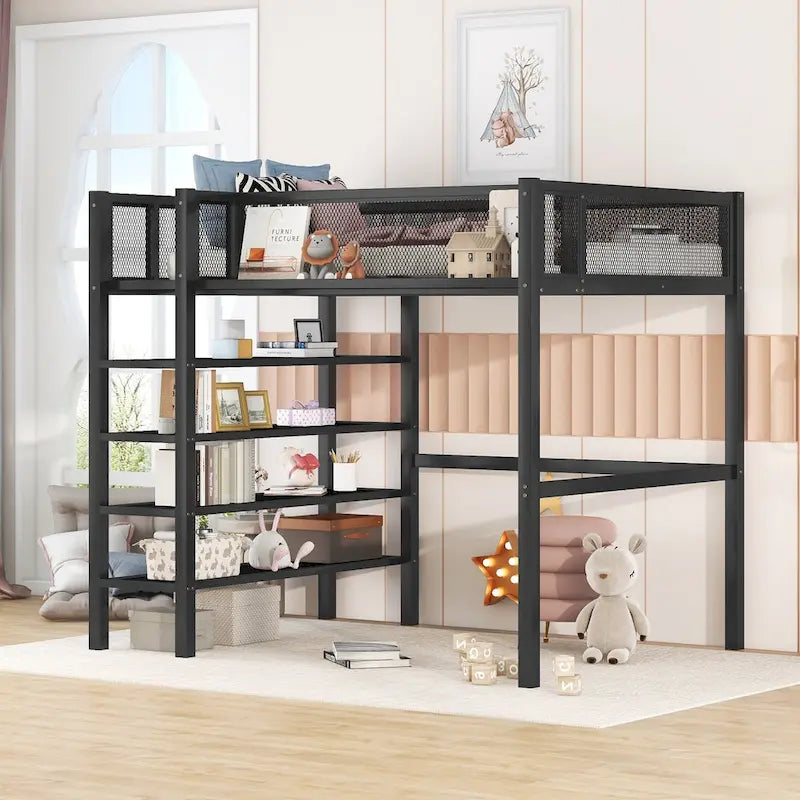 Letto a soppalco in metallo singolo con scaffali a 4 ripiani e spazio di archiviazione, bianco