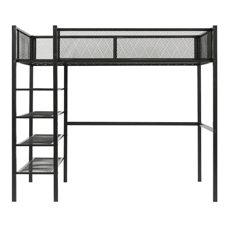 Letto a soppalco in metallo singolo con scaffali a 4 ripiani e spazio di archiviazione, bianco