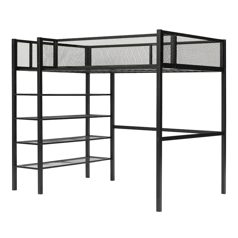 Letto a soppalco in metallo singolo con scaffali a 4 ripiani e spazio di archiviazione, bianco