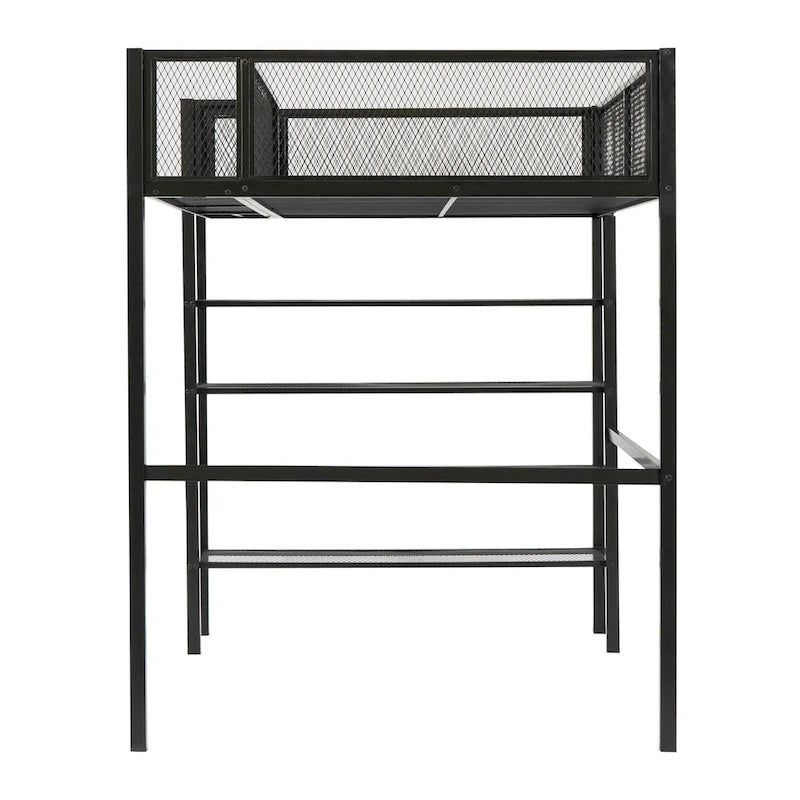 Letto a soppalco in metallo singolo con scaffali a 4 ripiani e spazio di archiviazione, bianco