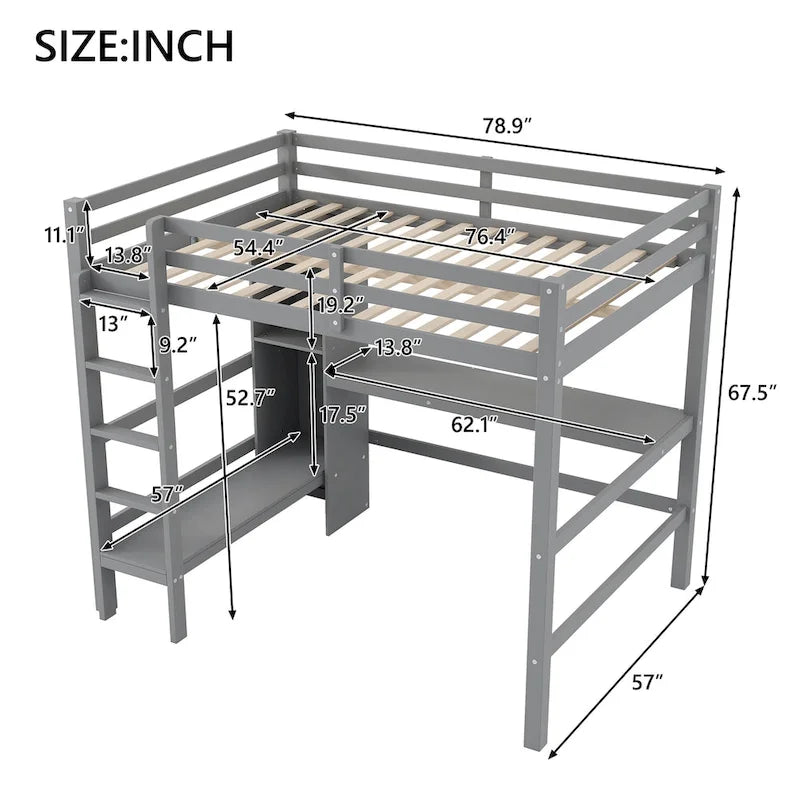 Full Size High Loft Bed with Desk and Storage Shelves, Pine Wood Bedroom Bedframe with Full-Length Guard Rail, Built-in Ladder
