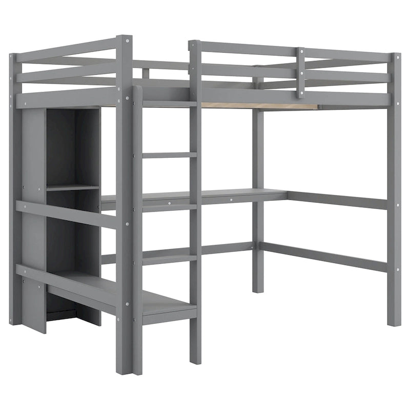Letto a soppalco alto matrimoniale con scrivania e ripiani contenitori, struttura letto in legno di pino con sponda di protezione a tutta lunghezza, scala integrata