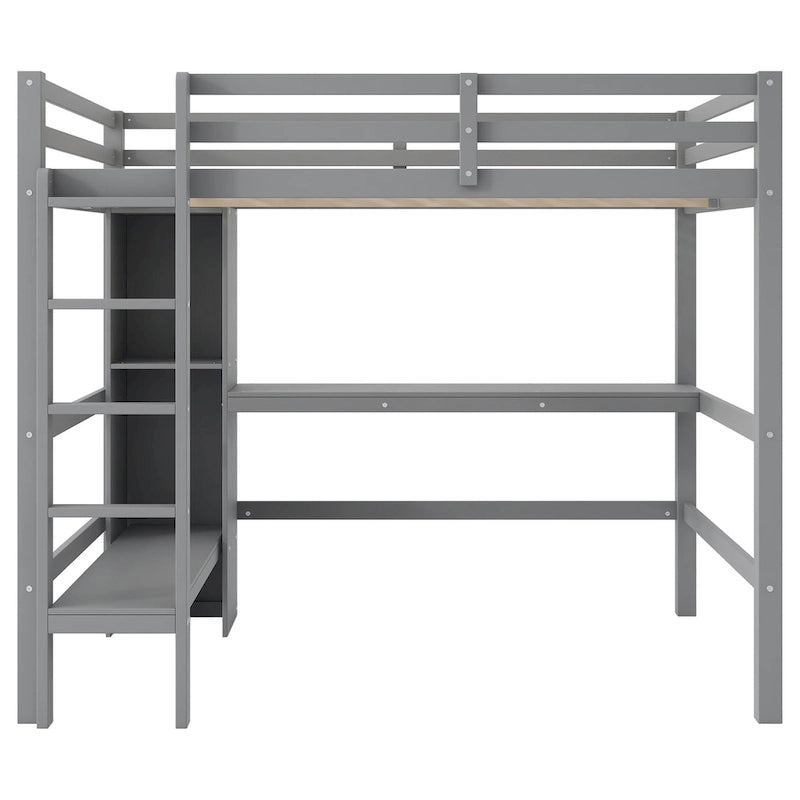 Letto a soppalco alto matrimoniale con scrivania e ripiani contenitori, struttura letto in legno di pino con sponda di protezione a tutta lunghezza, scala integrata