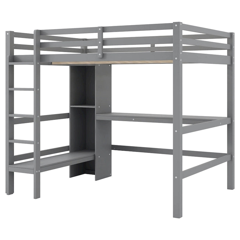 Letto a soppalco alto matrimoniale con scrivania e ripiani contenitori, struttura letto in legno di pino con sponda di protezione a tutta lunghezza, scala integrata