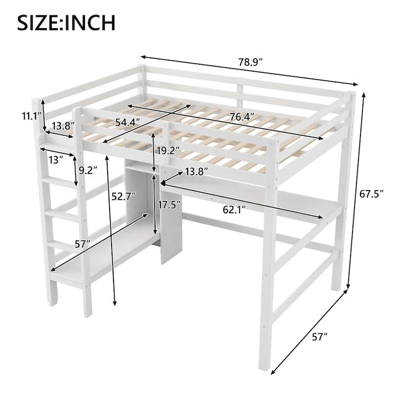 Letto a soppalco alto matrimoniale con scrivania e ripiani contenitori, struttura letto in legno di pino con sponda di protezione a tutta lunghezza, scala integrata