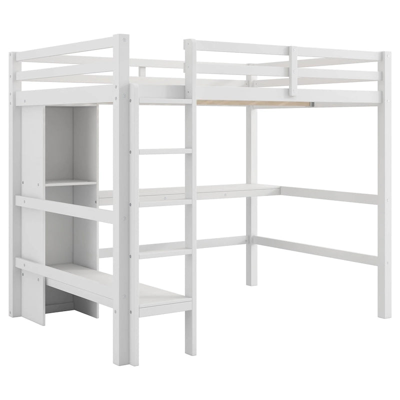 Letto a soppalco alto matrimoniale con scrivania e ripiani contenitori, struttura letto in legno di pino con sponda di protezione a tutta lunghezza, scala integrata