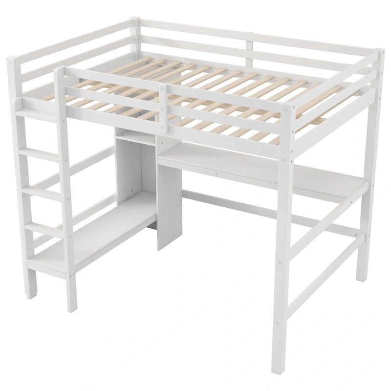 Letto a soppalco alto matrimoniale con scrivania e ripiani contenitori, struttura letto in legno di pino con sponda di protezione a tutta lunghezza, scala integrata