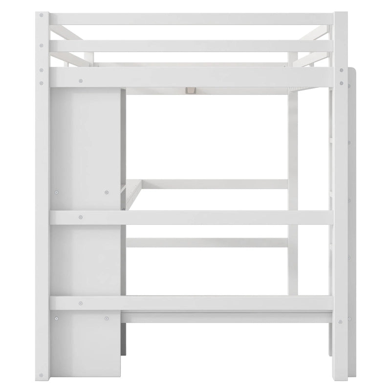 Letto a soppalco alto matrimoniale con scrivania e ripiani contenitori, struttura letto in legno di pino con sponda di protezione a tutta lunghezza, scala integrata