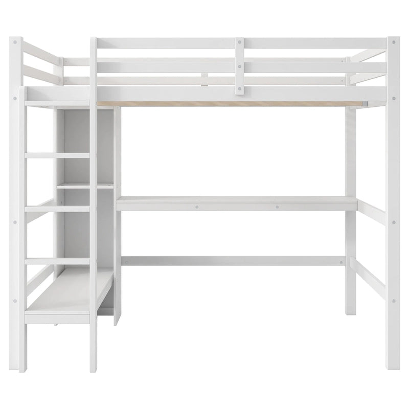 Letto a soppalco alto matrimoniale con scrivania e ripiani contenitori, struttura letto in legno di pino con sponda di protezione a tutta lunghezza, scala integrata