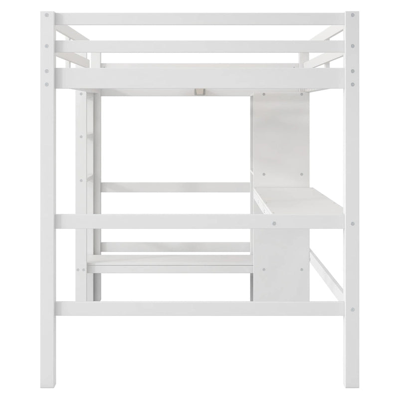 Letto a soppalco alto matrimoniale con scrivania e ripiani contenitori, struttura letto in legno di pino con sponda di protezione a tutta lunghezza, scala integrata