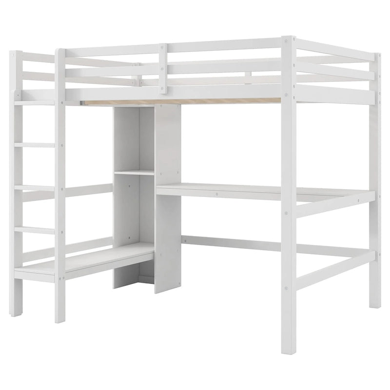 Letto a soppalco alto matrimoniale con scrivania e ripiani contenitori, struttura letto in legno di pino con sponda di protezione a tutta lunghezza, scala integrata