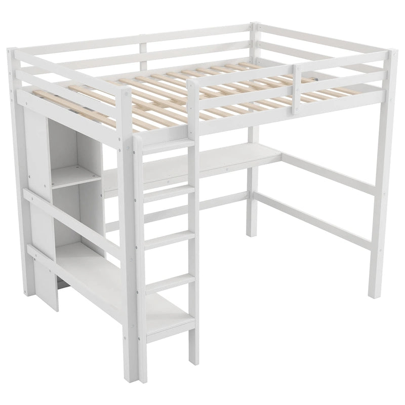 Letto a soppalco alto matrimoniale con scrivania e ripiani contenitori, struttura letto in legno di pino con sponda di protezione a tutta lunghezza, scala integrata