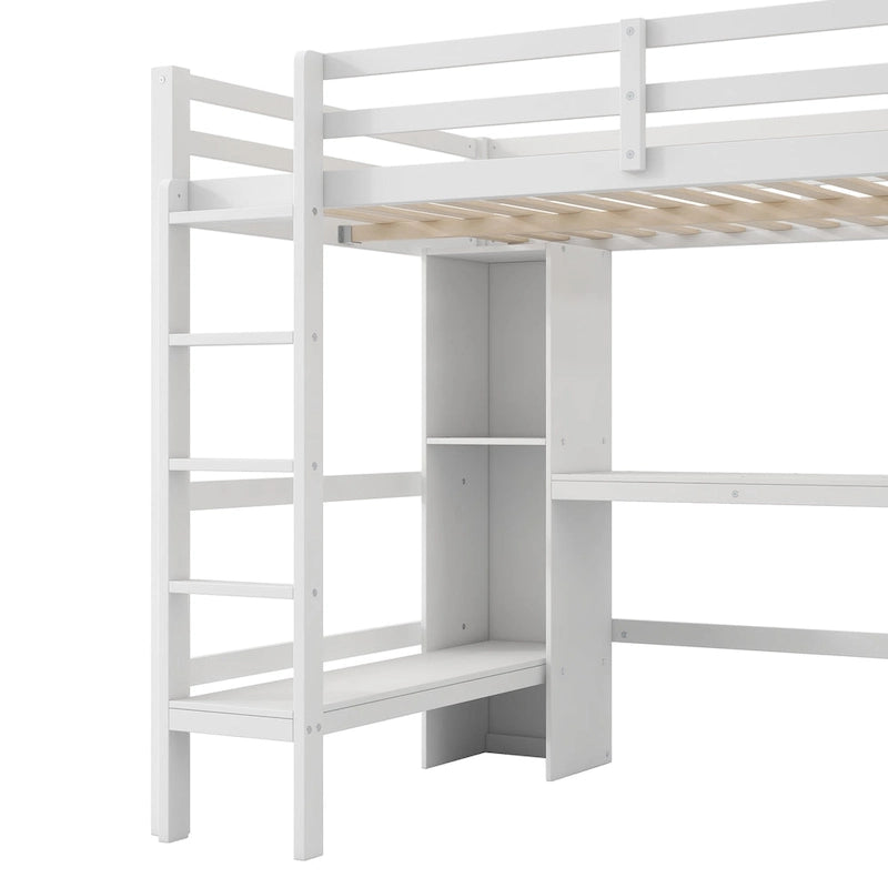 Letto a soppalco alto matrimoniale con scrivania e ripiani contenitori, struttura letto in legno di pino con sponda di protezione a tutta lunghezza, scala integrata