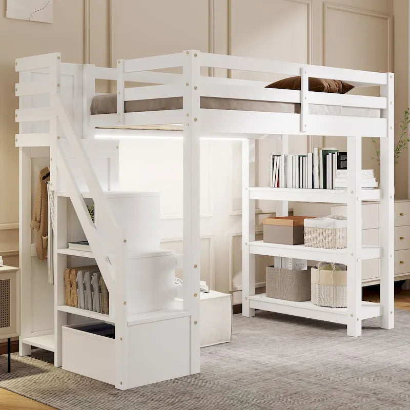 Weißes hohes Hochbett aus Holz mit Stauraumtreppe, 4-stufigen offenen Regalen und kleinem Kleiderschrank, LED-Hochbettgestell für Mädchen oder Jungen