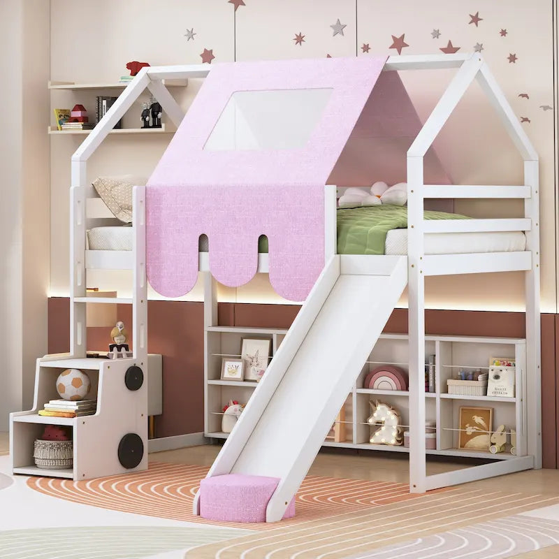 Cama alta de tamaño Twin con tienda de juegos y diseño de casa, capacidad de 250lb, tobogán y escalera