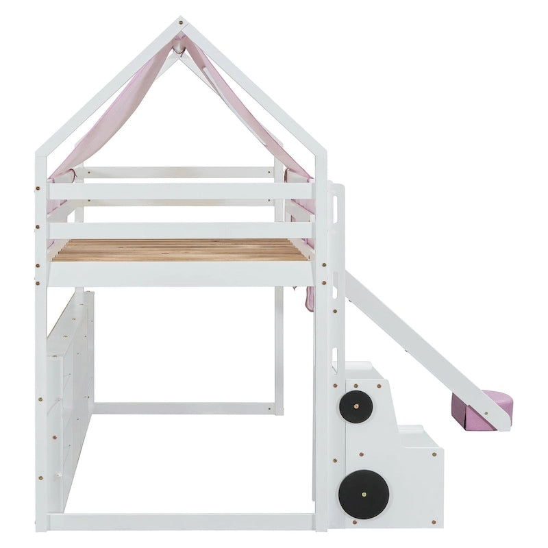 Letto a soppalco singolo con tenda da gioco e design a casetta, portata di 250lb, scivolo e scala