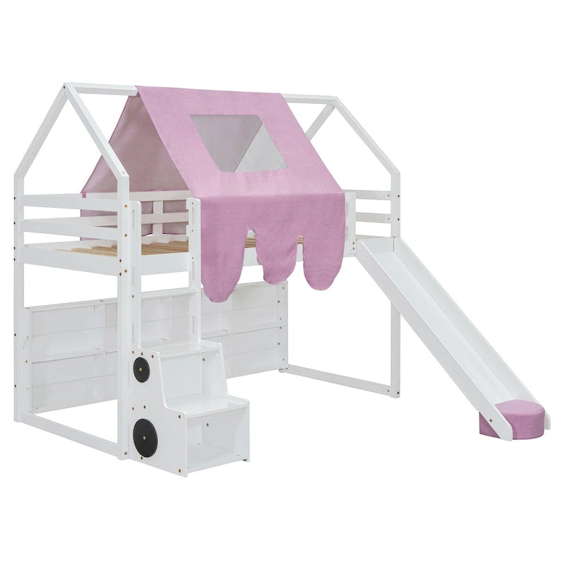 Letto a soppalco singolo con tenda da gioco e design a casetta, portata di 250lb, scivolo e scala