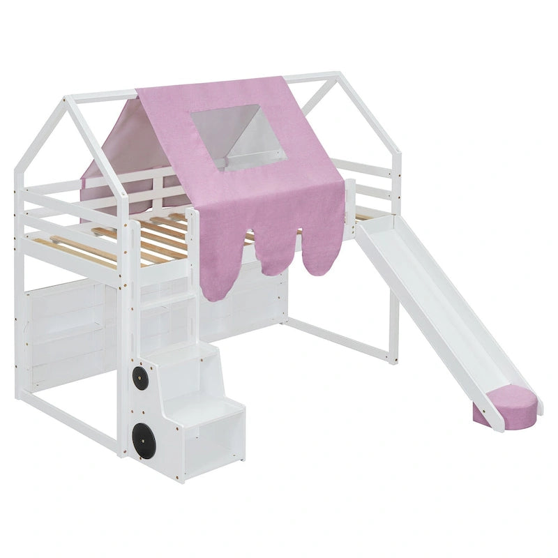 Letto a soppalco singolo con tenda da gioco e design a casetta, portata di 250lb, scivolo e scala