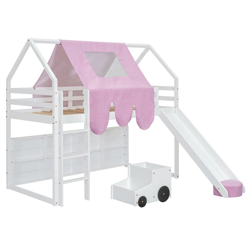 Letto a soppalco singolo con tenda da gioco e design a casetta, portata di 250lb, scivolo e scala
