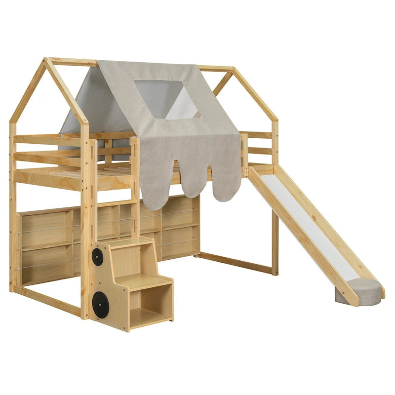 Letto a soppalco singolo con tenda da gioco e design a casetta, portata di 250lb, scivolo e scala