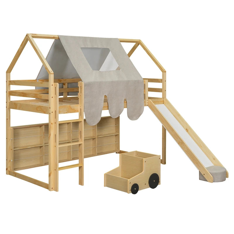 Letto a soppalco singolo con tenda da gioco e design a casetta, portata di 250lb, scivolo e scala
