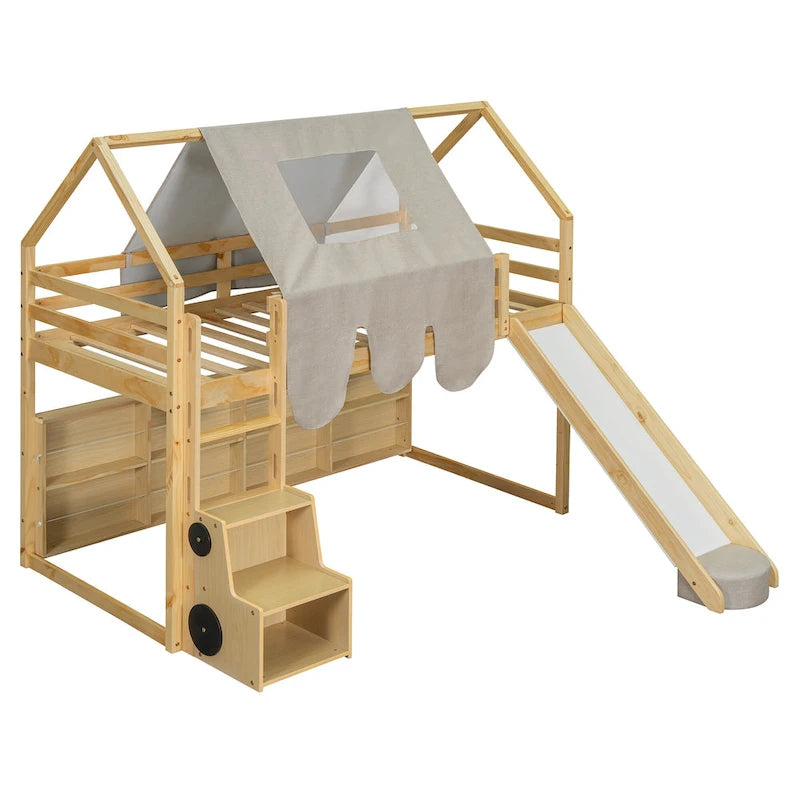 Letto a soppalco singolo con tenda da gioco e design a casetta, portata di 250lb, scivolo e scala