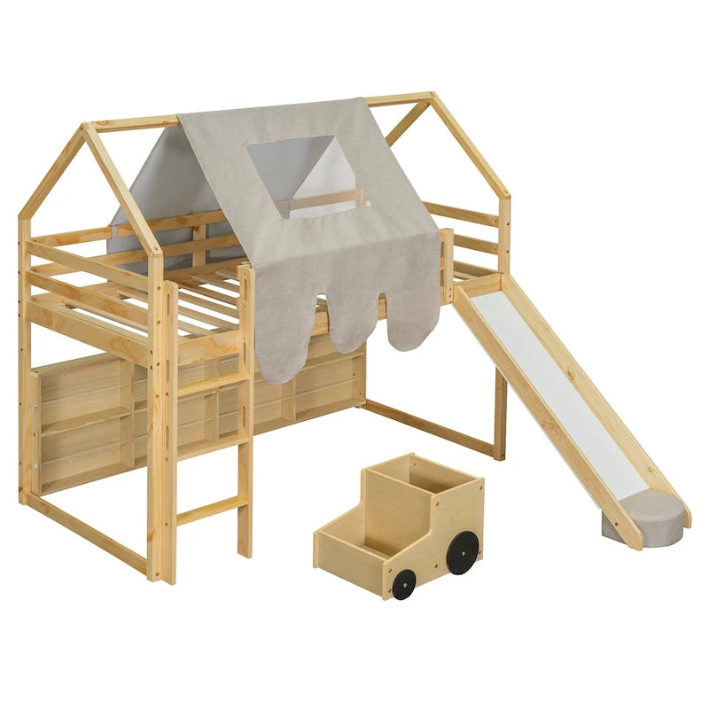 Letto a soppalco singolo con tenda da gioco e design a casetta, portata di 250lb, scivolo e scala