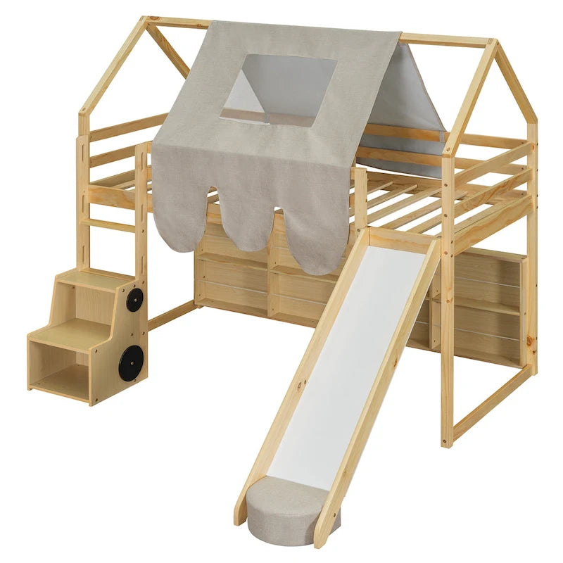 Letto a soppalco singolo con tenda da gioco e design a casetta, portata di 250lb, scivolo e scala