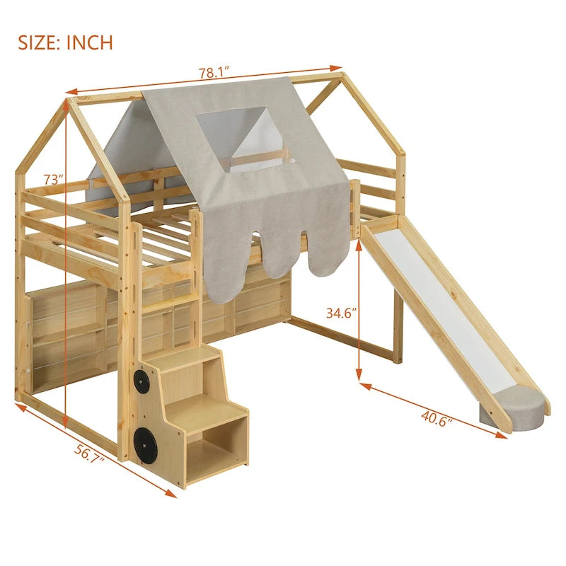 Letto a soppalco singolo con tenda da gioco e design a casetta, portata di 250lb, scivolo e scala